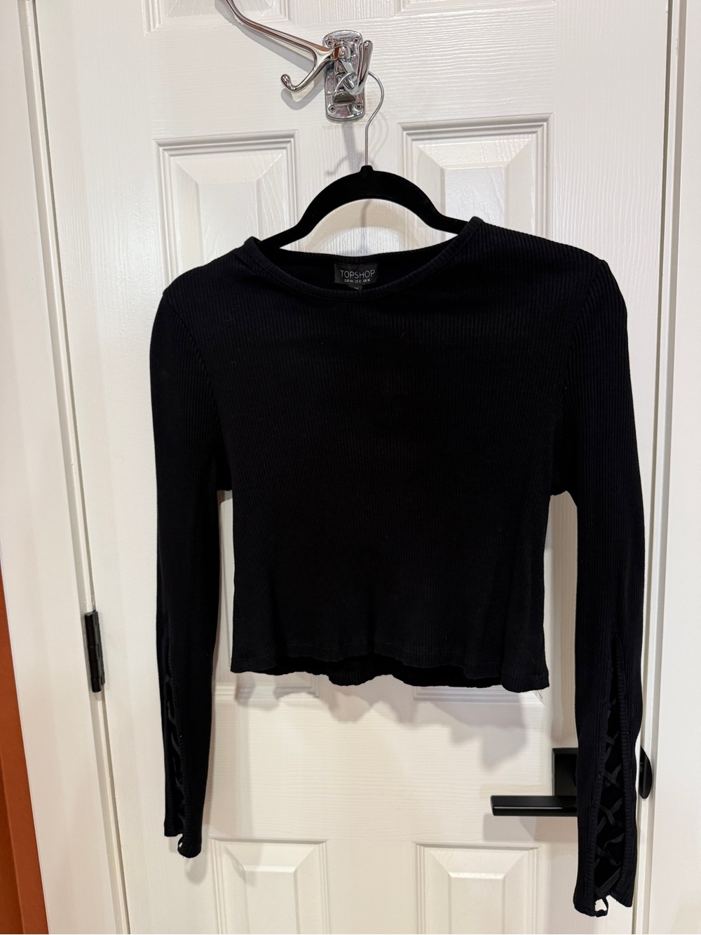 Topshop Black Ribbed Long Sleeve Crop Tee with Lace-Up Sleeves